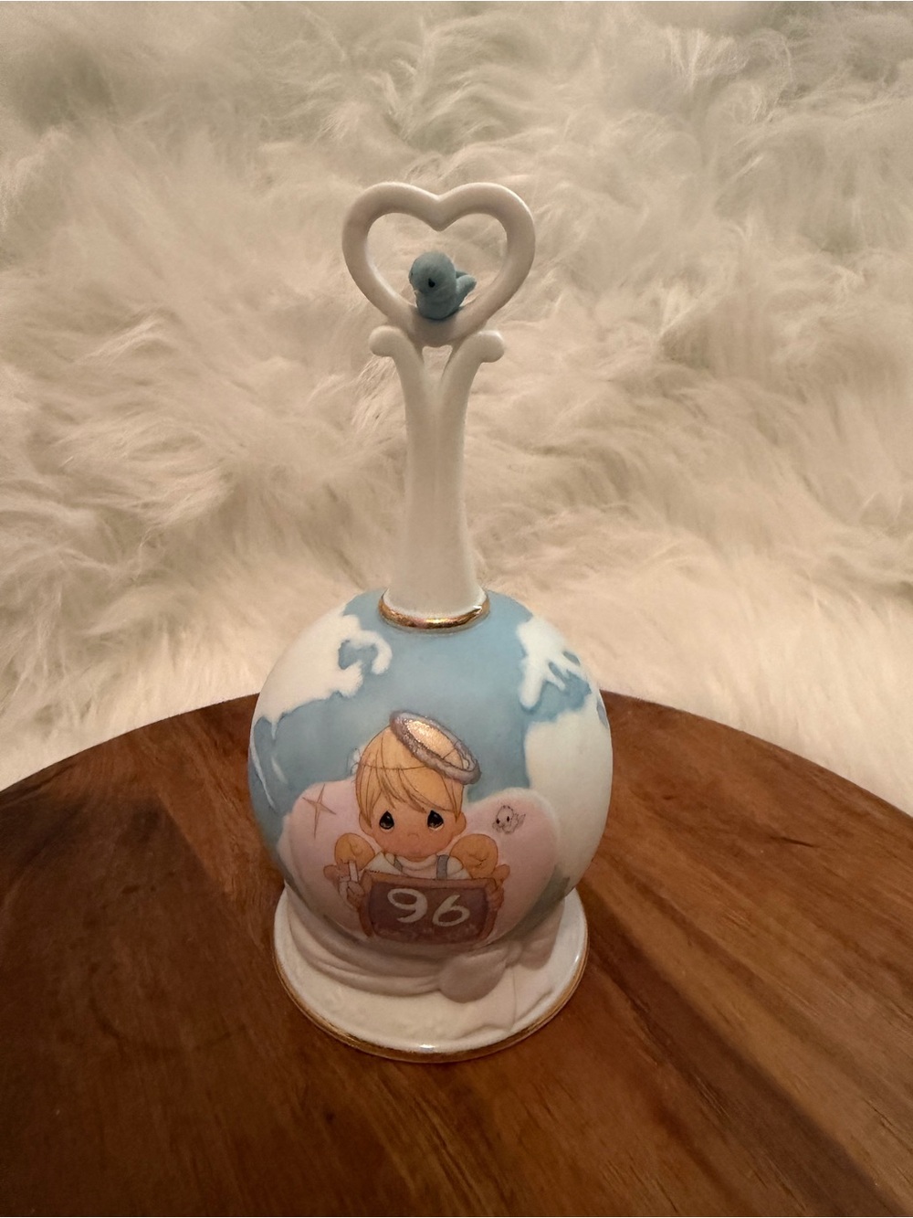 1996 Precious Memories Peace on Earth, Blue White Gold Angel Bell with Cherub